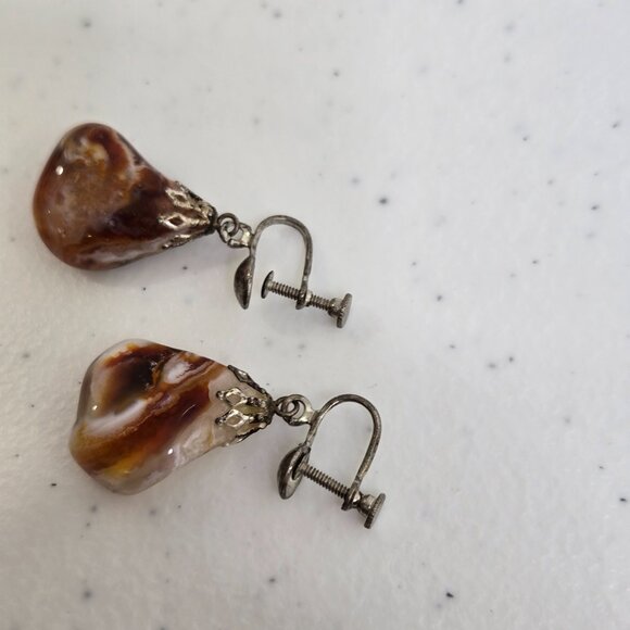 Agate Earrings Dangle Brown Stripe Drop Gemstone Boho Tumbled Stone - Picture 6 of 8
